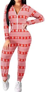 Ekouaer Christmas Onesie Women Hooded Jumpsuit Long Sleeve Zip Up One Piece Pajamas Novelty Sleepwear Christmas Red Snowflake XL