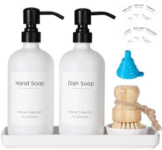 Modern Kitchen Glass Soap Dispenser: 16oz Soap Dispenser Bathroom with Stainless Steel Pump 2 Pack Hand and Dish Soap Dispenser with Ceramic Tray,for Bathroom Countertop(White & White)