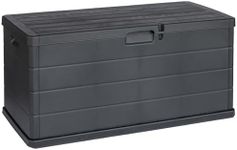 idooka Plastic Garden Storage Box - Large 340L Capacity - Dark Grey Faux Wood Panelling Design - Weatherproof Outdoor Storage Box for Patio Cushions, Tools, Toys, and Other Garden Accessories