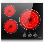 Noxton 24 Inch Electric Cooktop 3 Burners Electric Stove Top, Built-in 24" Radiant Electric Ceramic Cooktop with Knob Control, Hot Surface Indicator, 220-240v,5700W,No Plug, Hard Wire