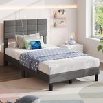 Seventable Twin Bed Frame with Charging Station and Storage Headboard, Upholstered Bed with Heavy Duty Wood Slats, No Box Spring Needed, Noise Free, Easy Assembly, Dark Grey