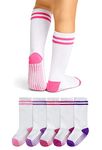 LA Active Knee High Grip Socks - 5 Pairs - Baby Toddler Non Slip/Skid Cotton (Athletic Stripes Girls White Variety, 4-6 Years)