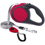 CFMOUR Retractable Dog Lead, 5m/50kg Red Heavy-Duty Extendable Dog Leads for Medium to Large Dogs; Strong Nylon Tape Ribbon Leash, One-Button Brake&Lock, Bonus Training Clicker