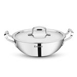 BERGNER Tripro TriPly Stainless Steel 22cm (2.35 L) Deep Kadai/Indian Wok with Lid, Heavy Bottom, Metal Spatual Friendly, Induction Base and Gas Ready (5-Year Warranty