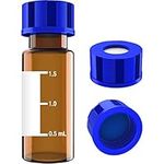 2ml HPLC Vial, Autosampler Vial, Alberts Filter Amber Lab Vial, Sample Vial with Writing Area, 9-425 Screw-Thread Vial, Blue Screw Cap with Hole, Pre-Slit Blue PTFE & White Silicone Septa 100 Pack