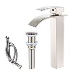 VOTON Vessel Sink Faucet Brushed Nickel Modern Tall Waterfall Bathroom Sink Faucet with Pop-Up Drain Single Handle Bathroom Faucet 1 Hole Bowl Lavatory Vanity Faucet, Rv Sink Camper Farmhouse Faucet