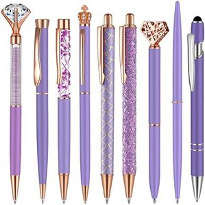 Janmini 9 Pcs Ballpoint Pens Set Metal Crystal Diamond Pen Glitter Pen for Journaling Black Ink Pretty Cute Pens Fancy Pens Gifts for Women Girls Christmas Birthday School Office Desk(Purple)