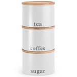 EHC Tea, Coffee, Sugar, Canister Set, Set of 3 Stackable Airtight Food Storage Easy to Open Storage Canisters Jars Tin, White