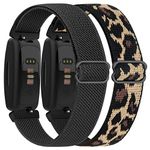 Vancle Elastic Straps Compatible with Fitbit Inspire 2 / Fitbit Inspire/Inspire HR for Women/Men, Stretchy Adjustable Nylon Stylish Replacement Wristband (Black+Leopard)