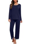 PrinStory Women Pyjamas Set Pjs For Women Sets Long Sleeve Shirt And Capri Pants Loungewear Sets Ladies Sleepwear Nightwear (Navy Blue, L)