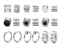 MILACOLATO 9 Pairs Magnetic Earrings for Men Women Non Pierced Silver 316L Stainless Steel Magnetic Earrings CZ Magnet Diamond Clip on Earring Stud and Huggie Hoop Fake Earrings Set Silver