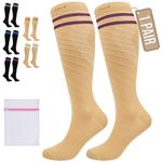 360 RELIEF Compression Socks for Women Men, 15-20 mmHg Supports Blood Circulation, Travel Flight Socks, Varicose Veins, Pregnancy Stockings L/XL, Beige with 2 Plum Purple lines + Laundry Bag