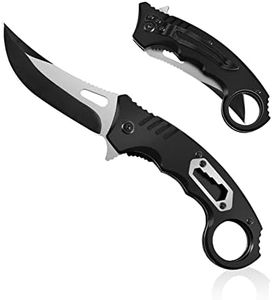 HONZIN Couteau Pliant 2 en 1 Couteau de Poche de Acier Inoxydable 3Cr13 Avec Clé Multi-spécifications Couteaux de Chasse en Manche Couteau de Camping Portable Ergonomique (Noir)