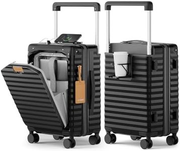 Joyway 20 Inch Carry on Luggage with Front Pocket, PC Hardshell Carry-on Suitcase with USB Port and Cup Holder, Luggage with Spinner Wheels and TSA Lock (Black)