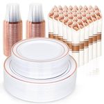 350 Piece Dinnerware Set for Wedding & Party,50 Guest RimPlastic Plates,50 Plastic Silverware,50 Cups,50 Linen Like Napkins (Rose Gold)