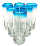 Dos Sueños Hand Blown Mexican Tequila Shot Glasses – Set of 6 Aqua Rim Tequila Shot Glasses (2 oz each) …