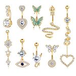 SAILIMUE 9Pcs 14G Belly Button Rings Surgical Steel Gold Silver Tone Belly Rings for Women Small Cute Butterfly Snake Evil Eye Heart CZ Belly Button Ring Piercing Jewelry Pack