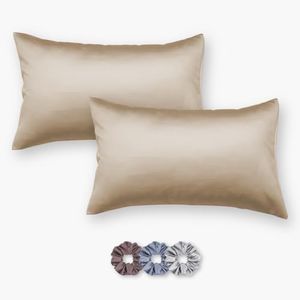 SEEVO 400 TC Luxurious Satin Silk Pillow Covers/Pillowcases with Envelope Closure, Soft Comfortable Protects Hair and Skin - 17 inch x 27 inch - Set of 2 with 3 Satin Schrunchies (Beige)
