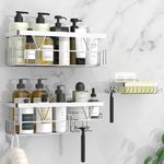 Kegii Shower Caddy Organiser with Soap Holder, Shower Shelf No Drilling, Adhesive Shower Storage Kitchen Rack, Bathroom Shower Accessories Tidy, Stainless Steel, Silver, 3 Pack