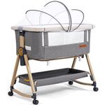 Maydolly Baby Bedside Sleeper, Crib with mattress,travel cot,Rocking Bassinets Bedside with Storage Basket and Wheels, Baby Crib Adjustable Height Portable Baby Bed for Newborn Infant(grey)