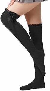 TOCONFFON Women's Girls Thigh High Stockings Over the Knee Socks with Satin Bows(Black,One Size)