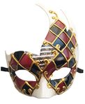 Coolwife Men's Masquerade Mask Vintage Venetian Checkered Musical Party Mardi Gras Mask (Burgundy/Black)