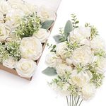 Ling's Moment White Flowers Artificial, Ivory Fake Flowers and Greenery Combo for DIY Wedding Bridal Bouquet, Corsage, Boutonniere, Centerpieces, Floral Arrangement Decor, etc.