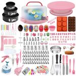 Gawren-H&E Cake Decorating Kit-678 PCS Pink Cake Decorating Supplies Kit with Cake Carrier,Piping Bags and Tips Set,3 Springform Pans,Turntable,Cake Baking Supplies Kit
