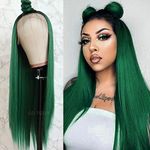 QD-Tizer Lace Front Wigs, Long Straight Hair Ombre Green Wig Glueless Heat Resistant Fiber Hair Synthetic Lace Front Wigs for Fashion Women