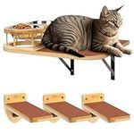 Navaris Cat Shelves Feeder - Right Wall Mounted Bamboo Bed Feeder - Includes Two Steel Bowls and Three Shelf Steps - Space Saving Cat Climbing Furniture