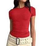 LACOZY Womens Bustier Gym Crop Top Short Sleeve Elegant Blouse Tee Top Basic Plain t Shirt 2024 Red Big Medium