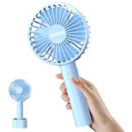 UN1QUE Mini Hand Fan Rechargeable, Powerful Brushless Motor Handheld Fan, 3 Speed Large Blades, 1800mAh Battery, Personal Small Fan with Base for Women and Men (Blue)