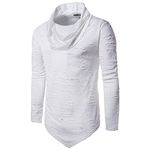 Cottory Men's Pure Colour Hipster Hiphop Holes Design Hem Heaps Collar Long Sleeve T-Shirt - White - Medium