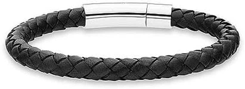 Miabella Genuine Italian Braided Leather Bracelet for Men, Stainless Steel Clasp, Made in Italy (Black, Large - 9" Length)