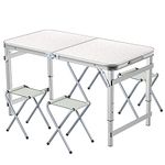 Folding Table 4FT with 4 Chairs, Portable Camping Table Adjustable Height Aluminum Frame Lightweight Dining Table with Carry Handle Suitable for Barbecue Indoor Outdoor