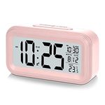 U-picks Alarm Clock 4.3" LED Display, Digital Alarm Clock with battery powered, Snooze, Easy to Use,Temperature Calendar, 12/24 Hr, Light control Portable Alarm clocks bedside for adults kids-Pink