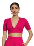 Thevasa Women's Everyday Divine Depth V Neck Half Sleeves Blouse (Queen's Gulabi, 44)