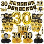 Turypaty 36Pcs 30th Birthday Decorations Kit for Men Women, Black Gold Happy 30 Birthday Banner Balloon Honeycomb Centerpiece Hanging Swirl Party Supplies, Thirty Year Old Bday Ceiling Table Topper