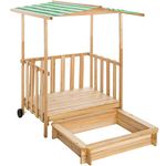 tectake 800792 Outdoor Sandbox for Children, Wooden Veranda with Railings, Garden Playhouse, Sandpit, Rollers, Kids Play Area, Protection Sunroof (Green)