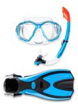 Two Bare Feet Snorkel, Mask and Fins/Flippers PVC Snorkelling Set (Adults) With Anti Fog and Wide View Mask, Anti-Leak, Tempered Glass - Scuba Dive Snorkelling Sets (S/M (UK4.5-8.5), Aqua)