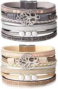 sailimue 2 Pcs Bracelet en Cuir de l'arbre de Vie de pour Femmes Fille Bracelet Tissé Brassard Multicouche à la Main Vintage Wrap Bracelet avec Boucle Magnétique Cadeau pour Epouse Mère, One Size,