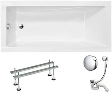 VBChome Acryl Badewanne 140x70 cm Weiß Rechteck Wanne Siphon Wannenfüße Design Modern Ablaufgarnitur in Chrom