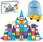 PicassoTiles 101 PCs Magnetic Tiles Building Blocks with Car & Drawstring Carry Bag Toy Storage Magnet Block for Toddlers Kids STEM Toy Set Educational Tile Learning Brain Development Ages 3+ PC101
