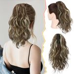 BARSDAR Short Wavy Ponytail Extension - Claw Clip Highlight Ponytail Hair Extensions for Women - 14 Inch Synthetic Claw Clip in Pony Tails Hairpieces Daily Party - Medium Brown & Blonde