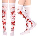 WLLHYF Halloween Bloody Stockings Cosplay High Socks White and Red Blood Stained Costume Hosiery Horror Over Knee Thigh Long Stockings for Women Girls Halloween Party Cosplay