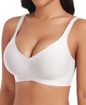 JURDUIR Seamless Bras for Women Wireless No Underwire Comfort Push Up Bra Adjustable Plunge V Neck Bralettes with Bra Extender(White,M)