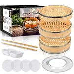 SP DYNAMICS Bamboo Steamer Basket Set Chinese Cuisine 10-inch 2 Tiers Vegetable Steaming Basket for Cooking with Chopsticks, Sauce Dishes, and Reusable Liners - Dumpling Steamer Baskets