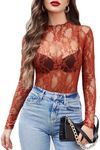 Avidlove Women's Mesh Top Long Sleeve Mock Neck Sheer Blouse See Through Floral Lace Tops Brown X-Large