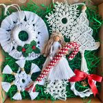 Aakriti Macrame Christmas Tree Ornaments Gift Set of 8 Plus Free Golden Charm | Handmade Festive Holiday Party Hanging Decor, White Cotton | Candy Cane, Wreath, Snowflakes and Angel Doll