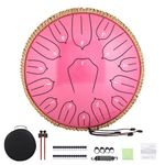 Musfunny Steel Tongue Drum 15 Notes 12 inch Handpan Drum D-Key Percussion Instrument with Music Book Bag Mallets Wiping Cloth for Musical Education Concert Yoga (12 inch Pink)